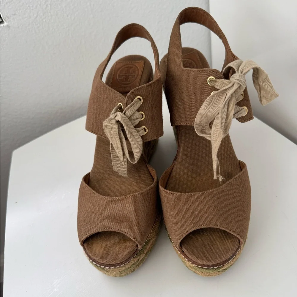 Tory Burch Linley Lace Up Espadrille Wedge in Black Size 9
